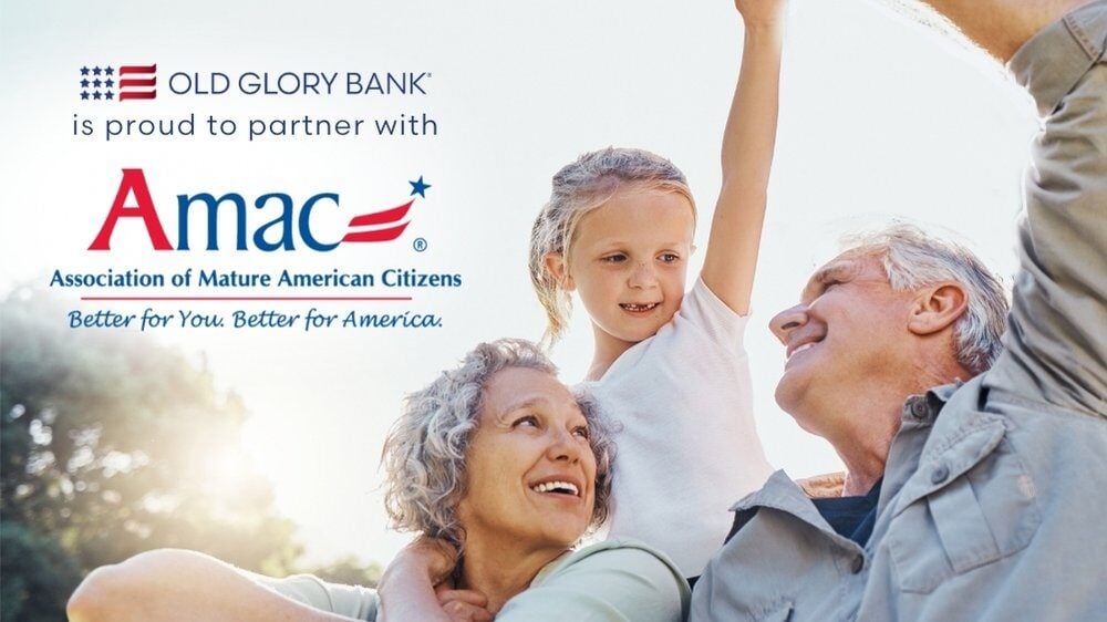 Image of grandparents and child, with AMAC logo