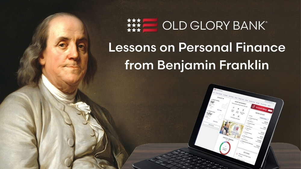 Illustrated portrait of Benjamin Franklin sitting in front of an open laptop