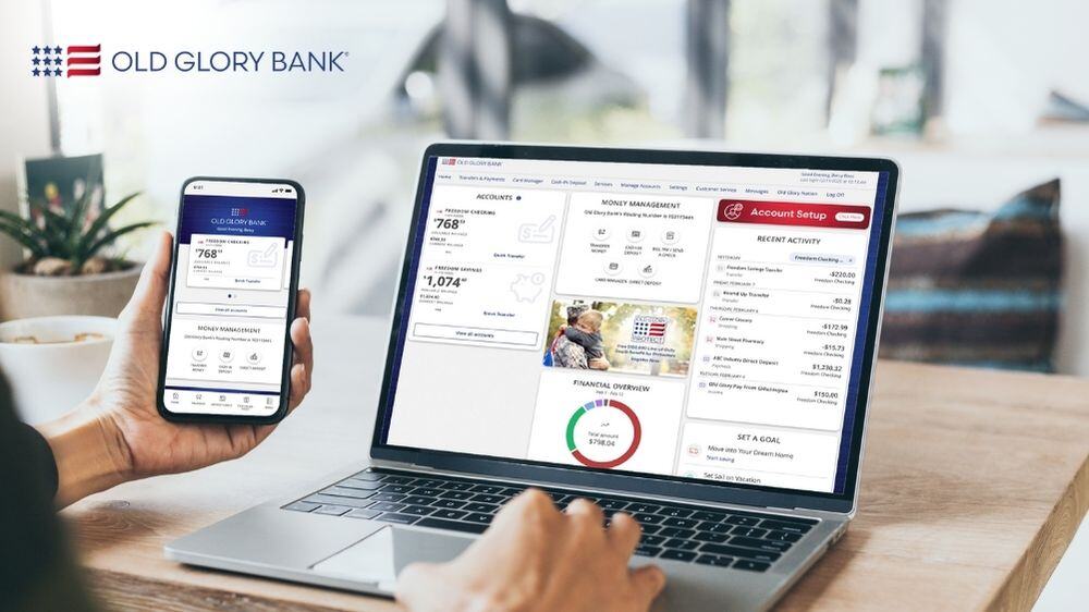Woman using Old Glory Bank's online banking products.